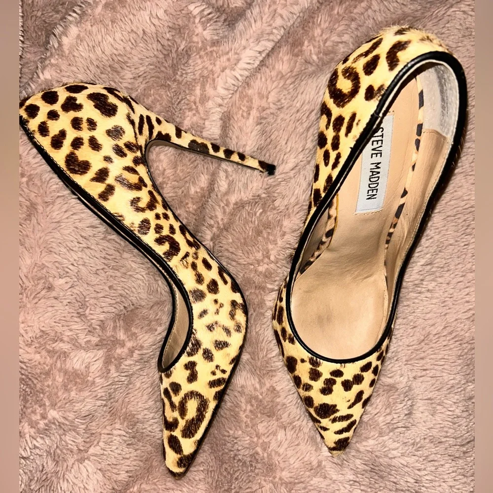 Steve Madden Daisie Leopard Print Leather Calf Fur Womens High Heels Size 7.5 - Picture 2 of 8